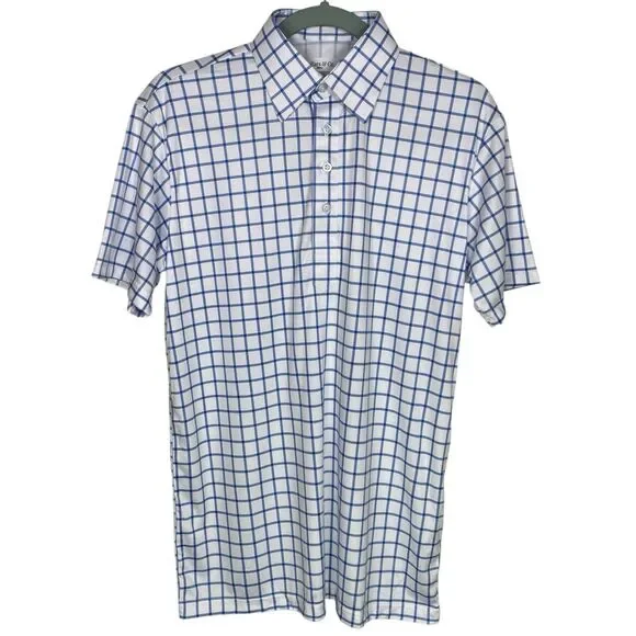 Collars & Co Polo Shirt Mens S Blue White Grid Plaid Windowpane Dress Collar NEW